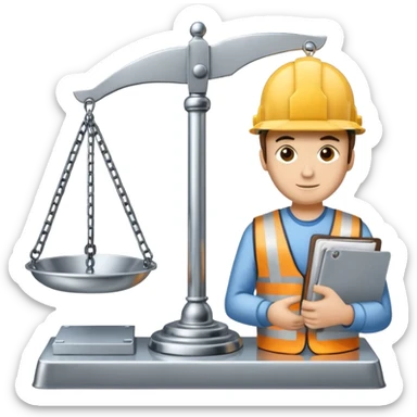 Image of a justice scale with a construction helmet on one side and a folder on the other. Simple sticker