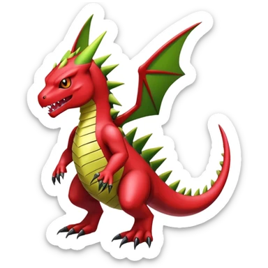 Cool edgy shiny Guilmon-Flygon-Tyranitar-Digimon-hybrid-fusion, yellow belly, full body sticker