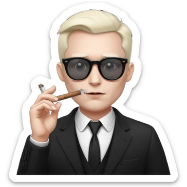 Minimalist emoji-style sticker of a devilish producer in black suit, tiny horns, dark sunglasses, and a smoking cigar, grayscale tones, matte style sticker