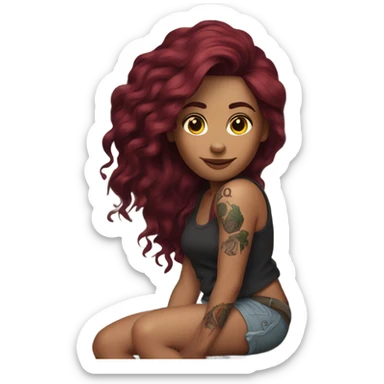 Beautiful tattooed woman long burgundy hair climbing rocks sticker