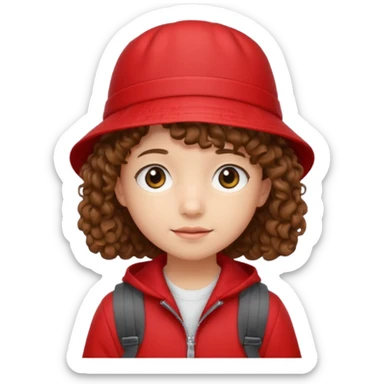 Little student brown curly hair, wears red bucket hat and jacket, backpack, shy sticker