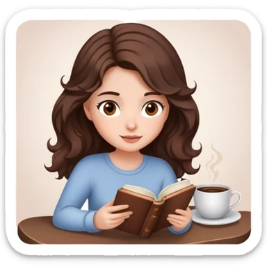 girl with wavy choco brown hair, brown eyes, and some blush is reading a book and has a cup of coffee next to her. sticker
