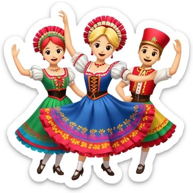 Cinematic Realistic Mazurka Dance Emoji, depicted as a lively traditional Polish folk dance scene with colorful costumes and spirited movement, rendered with dynamic textures and vibrant festive lighting that captures its rhythmic energy. sticker