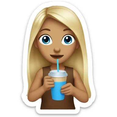 Girl with blue eyes long brown hair with blonde highlights sipping iced coffee sticker