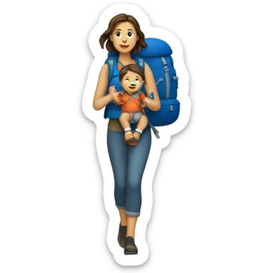 Brunette white Woman hiking with a baby in a blue backpack carrier sticker
