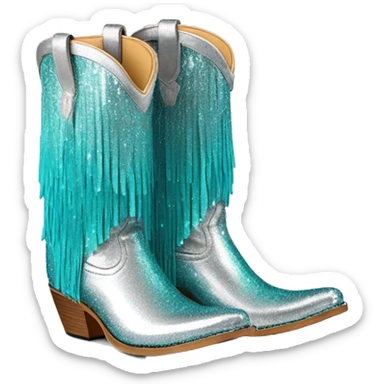 Realistic silver and turquoise ombre pair of fashion cowgirl boots with sparkly shiny glitter fringe on them. sticker