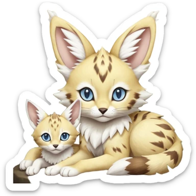 Albino-white, blue-eyed soft natural realistic romantic vintage antique divine beautiful elegant pretty precious cute young youthful  Fakémon-Pokémon-feline-Zeraora-Jolteon-serval-caracal-chinchilla-Minccino-Cinccino-Meowstic-rodent-hybrid-creature with a big fluffy bushy tail (full body) sticker