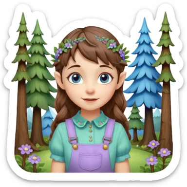Kind happy whimsical quirky Girl toymaker, wood carving elf. Woodland nature creator. Blue eyes. Short bob, brown wavy hair with bangs. Whimsical playful cute. Overalls with nature embroidered cute shirt collar. Light green, light purple and light blue colour aesthetic  sticker