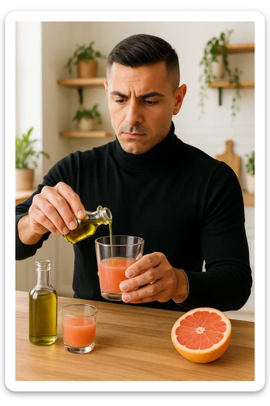 A realistic, warm-toned photo-style image of a man in his kitchen preparing a liver and gallbladder flush. On the counter, there is a small glass bottle of high-quality extra virgin olive oil with a rich green hue, and a freshly cut pink grapefruit with a small glass of its juice next to it. The man, in his mid-30s, looks focused and slightly apprehensive as he mixes the olive oil and grapefruit juice in a clear glass, preparing to drink it as part of a natural gallbladder cleanse. The background is clean, bright, and minimalist with wooden countertops, green plants, and sunlight coming through the window, giving a sense of natural health practices. The mood conveys a realistic moment of alternative health care, illustrating the preparation and intention for a natural flush to address gallstones, while maintaining a calm, educational, and hopeful tone sticker