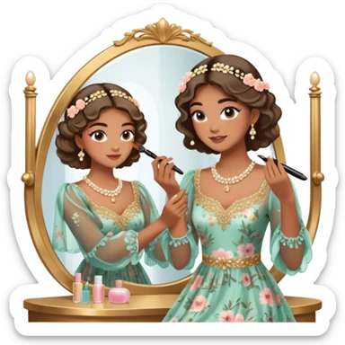 Middle Eastern-inspired moment of a woman getting ready in front of a mirror. She wears a delicate floral dress with sheer, flowy sleeves, accessorized with gold jewelry and traditional pearl-adorned hair clips. Her  as she applies mascara and eyeliner , her reflection revealing a soft smile.  sticker