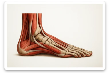 PIEDE UMANO ANATOMICO CON PIANTA PIATTA, VISTO DI PROFILO, CON FASCI MUSCOLARI E OSSA VISIBILI, REALISTICO 4K SFONDO BIANCO sticker