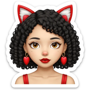 lightskin girl with black curly hair, red lipstick, white cat ears sticker