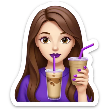 girl with long brown hair, wine lipstick, gold nail polish, drinking a blueberry butter pecan iced coffee with a purple straw  sticker