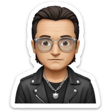 Bono with black glasses, shirt with silver necklace, black leather jacket  sticker