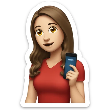 a white girl with long brown hair in a red dress holding a cell phone showing it sticker