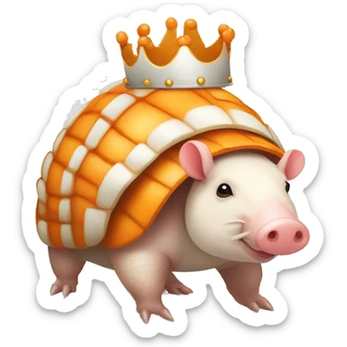Orange and white piebald chubby round armadillo pig panda centipede armadillo wearing a crown sticker