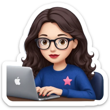 a white young woman with very long wavy dark brown/chocolate hair typing in a computer. she's using glasses, her lips are light red and her cheeks slightly pink. Her eyes are dark brown. She's using a dark blue knit sweater that has a tiny star in the middle   sticker