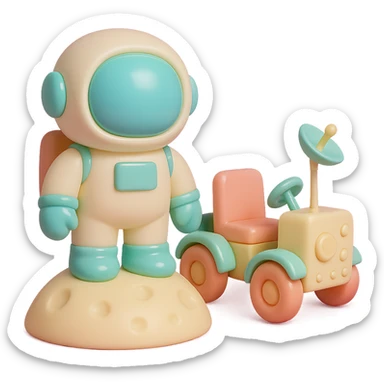Add a detailed moon rover next to the vinyl figure style astronaut standing on the moon, keep the lunar surface details and original style sticker