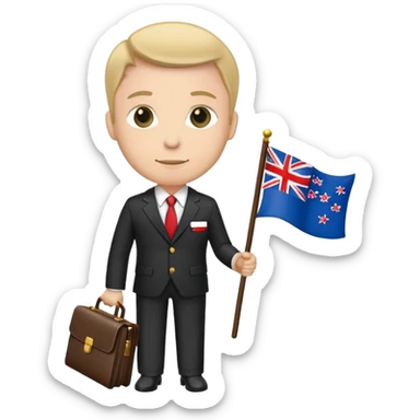 A diplomat in a formal suit with a briefcase and flag pin on lapel sticker
