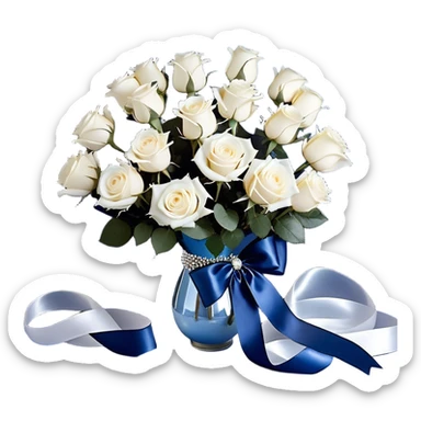 A deep midnight blue velvet background sets the stage for a mesmerizing arrangement of frosty blue and pure white roses, bound together with a delicate pearl-beige ribbon. The ribbon’s edges curl elegantly, as if dancing in an invisible breeze. Floating nearby, metallic pearl balloons in icy silver, misty blue, and opalescent white reflect the ambient glow, creating an ethereal, moonlit atmosphere. Scattered pearl beads and soft candlelight add depth and intimacy to the scene. sticker