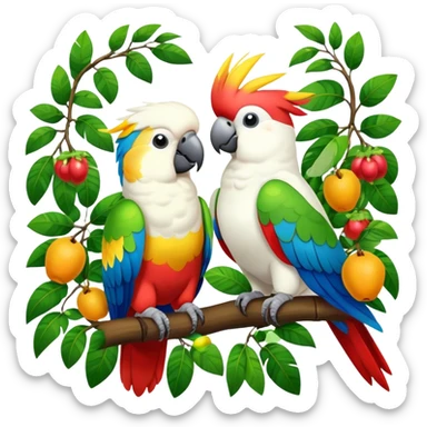 Close-up of colorful parrots Ara and Cockatoo Inca perched on tree branches, surrounded by lush greenery. Bright, vivid feathers contrast with the natural background of trees, leaves, fruits. Soft natural light, enhancing vibrant colors. Transparent background. sticker