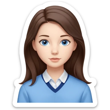 Realistic Student Portrait, with porcelain-like skin featuring a natural rosy flush, iHer Brunette Half-Up Style for Straight  hair flows in soft, Her deep blue eyes radiate warmth and innocence,  wear light blue preppy style. sticker