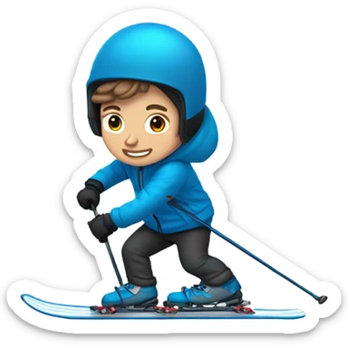 white Boy with wavy brown hair skiing with blue skis. He is wearing all black snow pants and a GRAY jacket   sticker