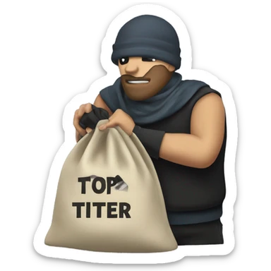 Thief stealing a bag of money that has the word Toptier embroidered on it sticker