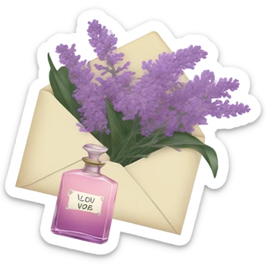 Aesthetic still life of soft violet mimosa flowers, a vintage-style pink perfume bottle, and a lavender love note delicately placed in an envelope.
 sticker