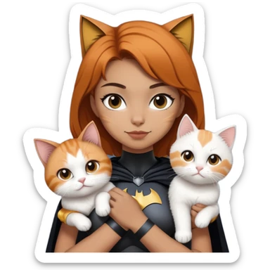 a girl with short dark hair holding 2 cats, ginger cat and white fluffy cat that looks like batman the superhero sticker