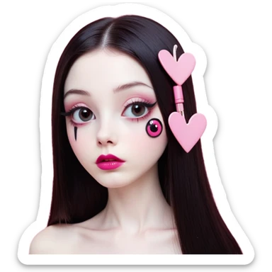 girl with white skin, dark brown long realistic straight hair with middle part prominently falling in front of her body over her shoulders, lips with reddish-pink shiny lip gloss and absolutely no cupid's bow, big round eyes with very black shiny eyeballs and long eyelashes, light pink blush on cheeks, no eyeshadow, lighter button nose, exceptionally elongated very long oval-shaped face, wearing a pink off-shoulder top, looking directly at camera with hands down at sides sticker