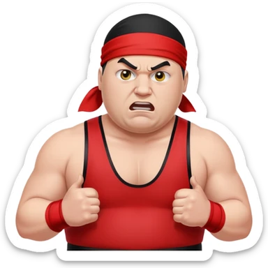 Close-up of white skin fat guy no muscle with prominent black durag, completely shaved face, no beard or mustache, black eyes in a red and black wrestling singlet with angry face sticker