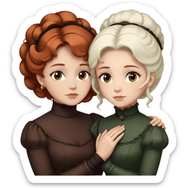 Two Victorian women with light eyes, one with white coiffed hair and one with dark copper coiffed hair, wearing Victorian turtleneck dresses with their arms tightly around each other sticker