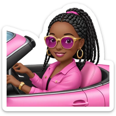 A dark-skinned Black woman with black box braids, driving a pink car sticker