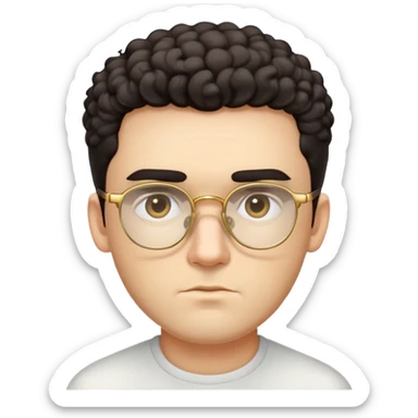 Man with square face, thick straight eyebrows, very short curly dark hair with fade on sides, light facial scruff, serious neutral expression, wearing large square golden glasses sticker