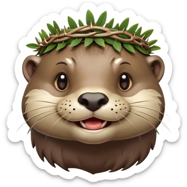 anthropomorphic smiling otter face in three-quarter profile view with simple thorny stem wrapped horizontally around its forehead like Jesus Christ's Crown of thorns, more human-like features, expressive eyes, human-like expressions, Apple emoji style, glossy finish sticker