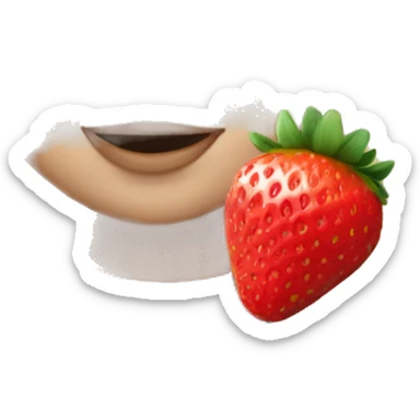 A blonde girl who has blue eyes eating strawberry sticker