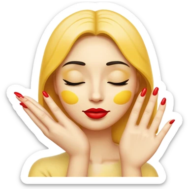 Standard yellow emoji face with closed eyes forming upward curved lines, visible eyelashes, pursed lips with red lipstick, and a hand showing only the thumb out with all other fingers closed against the palm, painted nails sticker