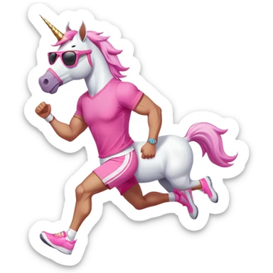 full body friendly anthropomorphised masculine unicorn with white horse-like face, muscular build, wearing pink t-shirt, shorts, trainers, dark sunglasses, running in a relaxed pose sticker