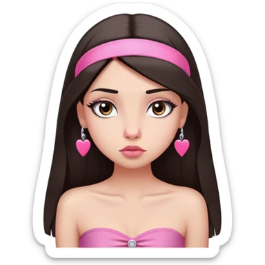 girl with lighter skin, dark brown long straight hair, pouty shiny lips without cupid's bow, large eyes, lighter button nose, long oval-shaped face, wearing a pink bandeau top with straight neckline, looking directly at camera with hands down at sides sticker