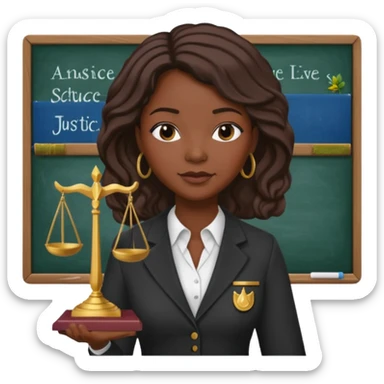 Black teacher/professor looking like the fictional character Annalise Keating from How To Get Away With Murder, holding a statue of justice and with a school black board in the background sticker