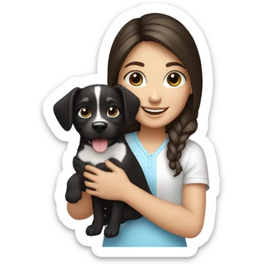 happy brunette girl with blue eyes holding a small black and white dog sticker