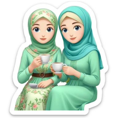 Turkish beautiful finish Konya girls blue eyes with Beautiful light green floral hijab long tail dress and the two friends in a lovely garden sits on the chair on the ground and holds cup coffe with her hand  sticker