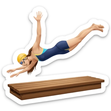 A swimmer is about to dive into the pool. She is in the pose of diving in the air with the hands above the head. Her hair are brown and long. she jumps from a plank sticker