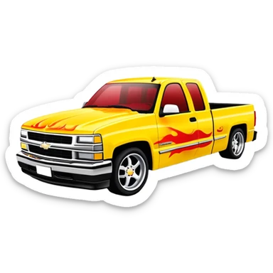 Bright yellow 1997 Chevy Silverado with custom airbrushed red flame paint job on hood extending to sides, exactly as in Kill Bill 'Pussy Wagon', 30-degree angle, iOS emoji style sticker