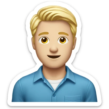 An emoji of a young man with fair skin, blonde hair, wearing a blue shirt, and holding a phone. sticker