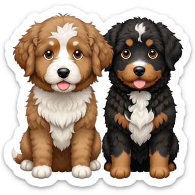 2 dogs, one is a light brown Aussie doodle. the other is a All black Berenedoodle with white eyebrows . Make both same size sticker