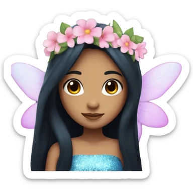 Fairy girl with straight long black hair, blue eyes, medium light skin, sparkly wings, a pink and blue dress and a flower crown sticker