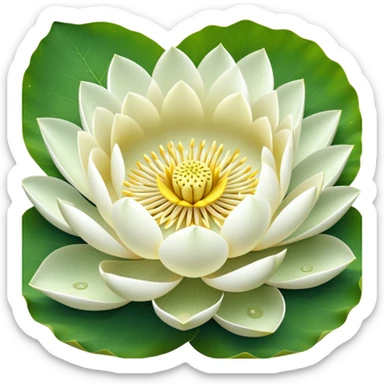 Pure white lotus flower with botanically accurate yellow seedpod center with distinct holes pattern, surrounded by pristine white petals and floating on a green notched lotus leaf sticker
