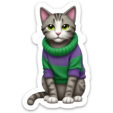 A homeless cat with a purple sweater and green socks sticker